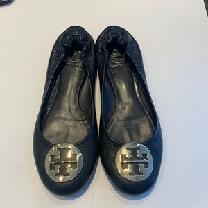 Tory Burch Leather Flats - Black with Gold Emblem